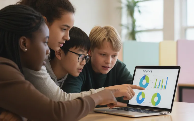 Four secondary school students collaborating around a laptop showing a colourful finance dashboard